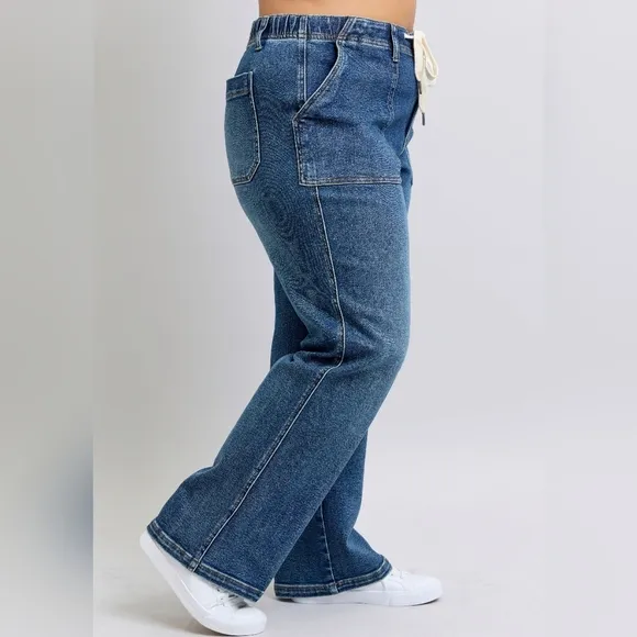 Judy Blue Elastic Drawstring Waist High-Rise Mom Jeans Wide Leg Denim Pants PLUS