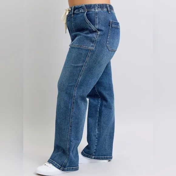 Judy Blue Elastic Drawstring Waist High-Rise Mom Jeans Wide Leg Denim Pants PLUS