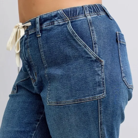 Judy Blue Elastic Drawstring Waist High-Rise Mom Jeans Wide Leg Denim Pants PLUS