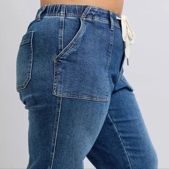 Judy Blue Elastic Drawstring Waist High-Rise Mom Jeans Wide Leg Denim Pants PLUS
