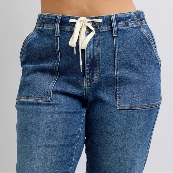 Judy Blue Elastic Drawstring Waist High-Rise Mom Jeans Wide Leg Denim Pants PLUS