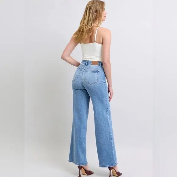 Judy Blue High-Rise Waist Classic Wide Leg Boyfriend Jeans Slim Fit Denim Pants