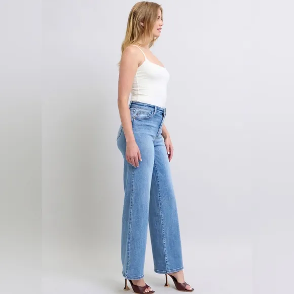 Judy Blue High-Rise Waist Classic Wide Leg Boyfriend Jeans Slim Fit Denim Pants