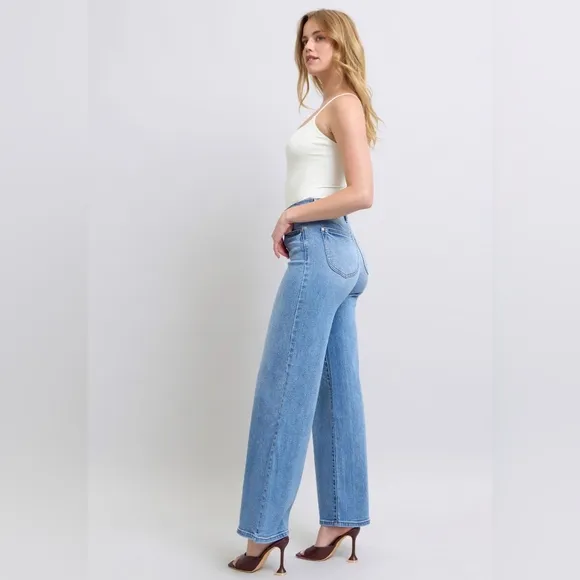 Judy Blue High-Rise Waist Classic Wide Leg Boyfriend Jeans Slim Fit Denim Pants