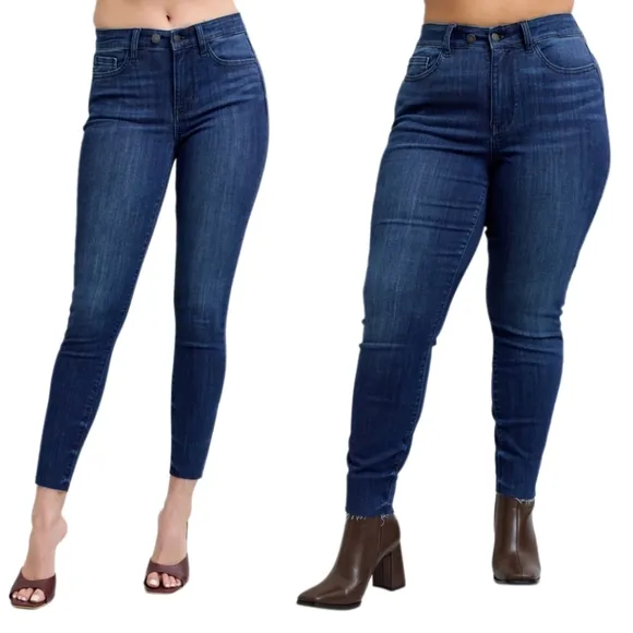 Judy Blue Mid-Rise Skinny Jeans Slim Fit Double Button Denim Pants Raw Ankle Hem