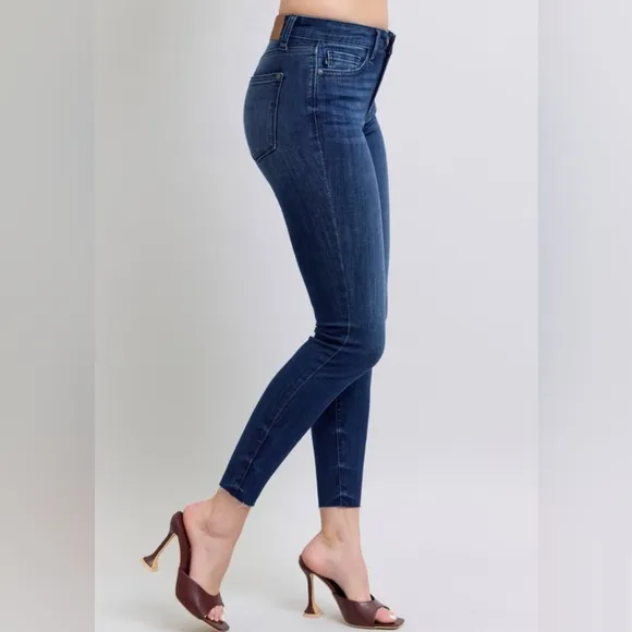 Judy Blue Mid-Rise Skinny Jeans Slim Fit Double Button Denim Pants Raw Ankle Hem