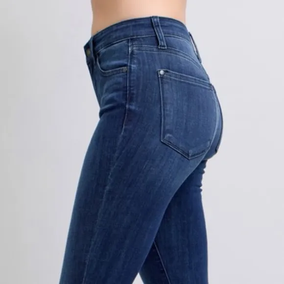 Judy Blue Mid-Rise Skinny Jeans Slim Fit Double Button Denim Pants Raw Ankle Hem