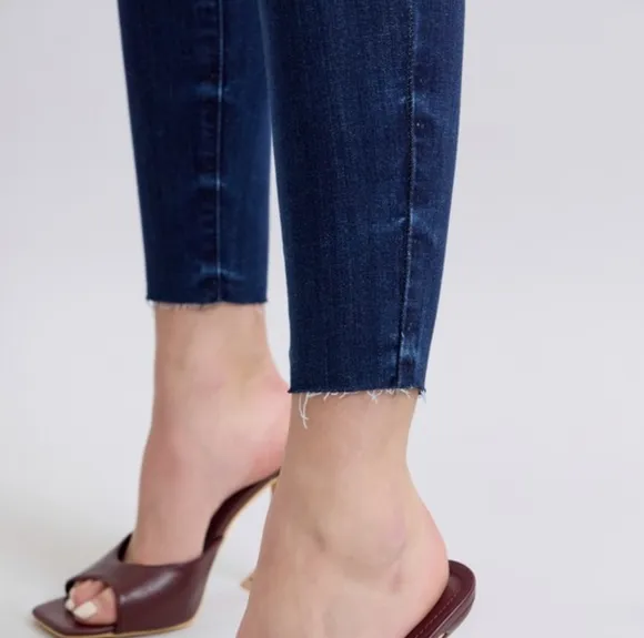 Judy Blue Mid-Rise Skinny Jeans Slim Fit Double Button Denim Pants Raw Ankle Hem