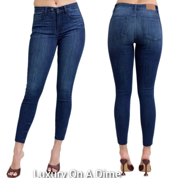 Judy Blue Mid-Rise Skinny Jeans Slim Fit Double Button Denim Pants Raw Ankle Hem
