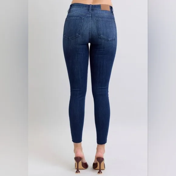 Judy Blue Mid-Rise Skinny Jeans Slim Fit Double Button Denim Pants Raw Ankle Hem