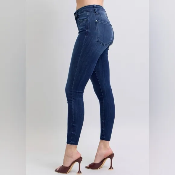 Judy Blue Mid-Rise Skinny Jeans Slim Fit Double Button Denim Pants Raw Ankle Hem