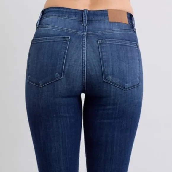 Judy Blue Mid-Rise Skinny Jeans Slim Fit Double Button Denim Pants Raw Ankle Hem