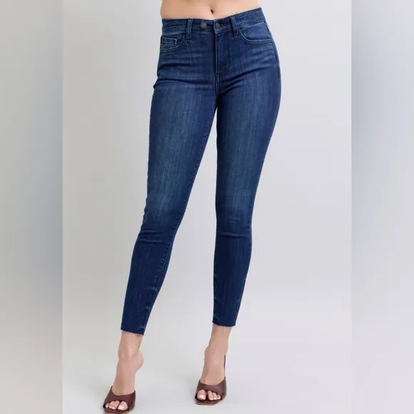 Judy Blue Mid-Rise Skinny Jeans Slim Fit Double Button Denim Pants Raw Ankle Hem