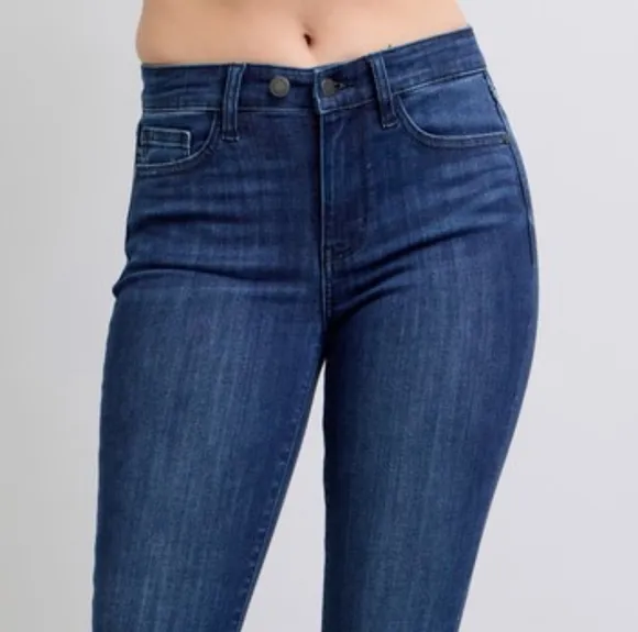 Judy Blue Mid-Rise Skinny Jeans Slim Fit Double Button Denim Pants Raw Ankle Hem