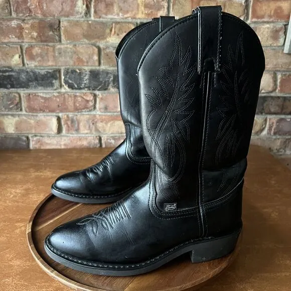 Justin Men's 7 D Women's 8.5 Black Leather Pull On Stitched Western Cowboy Boot