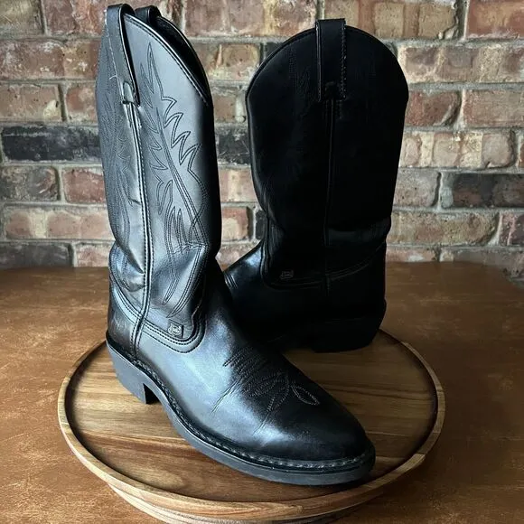 Justin Men's 7 D Women's 8.5 Black Leather Pull On Stitched Western Cowboy Boot
