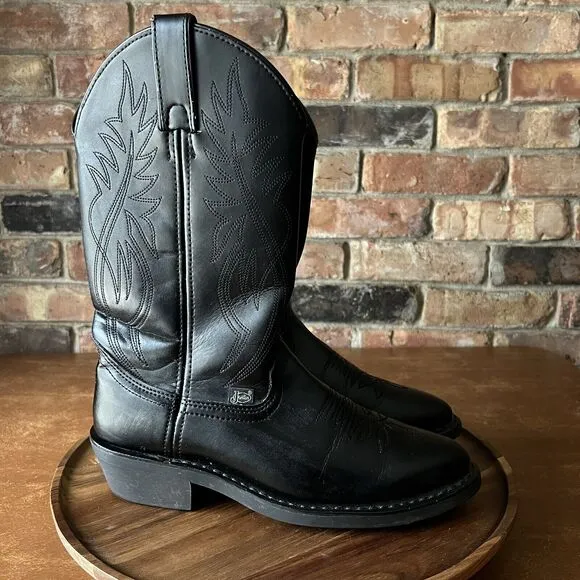 Justin Men's 7 D Women's 8.5 Black Leather Pull On Stitched Western Cowboy Boot