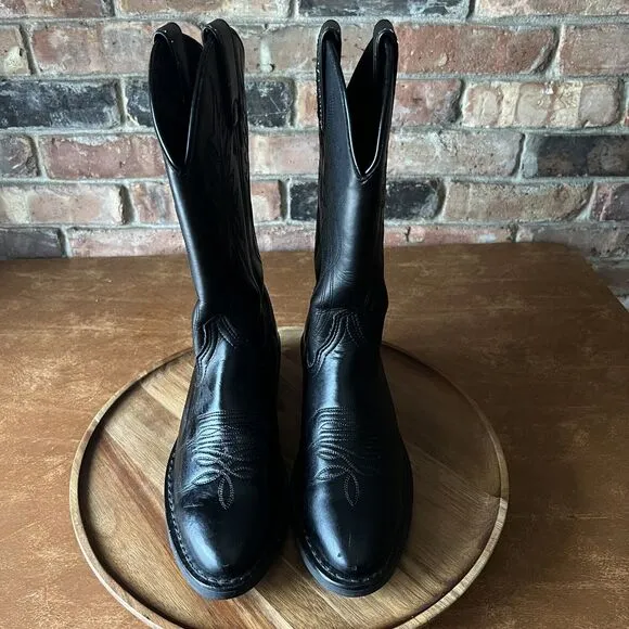 Justin Men's 7 D Women's 8.5 Black Leather Pull On Stitched Western Cowboy Boot