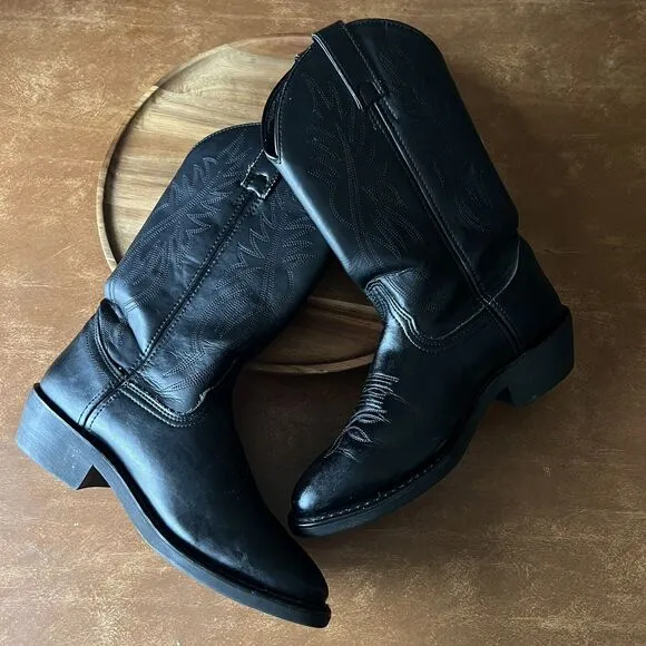 Justin Men's 7 D Women's 8.5 Black Leather Pull On Stitched Western Cowboy Boot