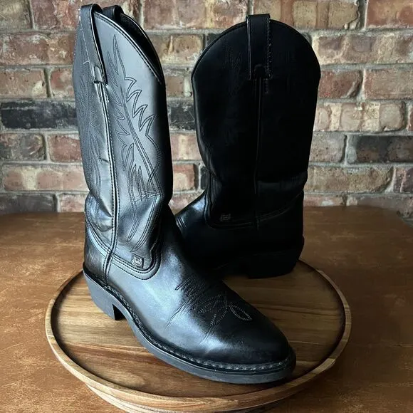 Justin Men's 7 D Women's 8.5 Black Leather Pull On Stitched Western Cowboy Boot