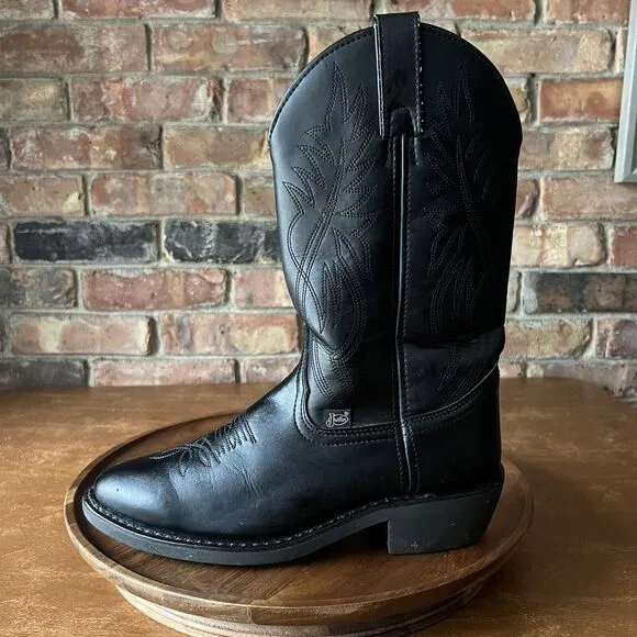 Justin Men's 7 D Women's 8.5 Black Leather Pull On Stitched Western Cowboy Boot