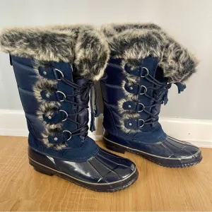 Khombu Bryce Blue Lace Up Faux Fur Waterproof Duck Snow Boots Winter Knee Shoes