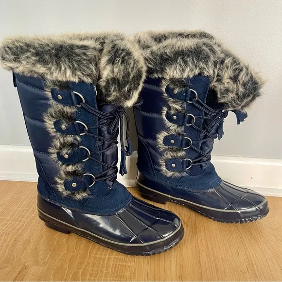 Khombu Bryce Blue Lace Up Faux Fur Waterproof Duck Snow Boots Winter Knee Shoes