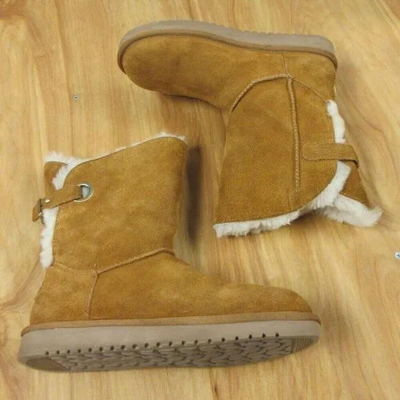 Koolaburra UGG Remley Short Chestnut Boots Sz 8 Slip On Suede Leather Fur Bootie