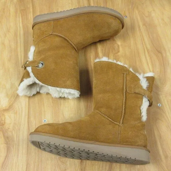 Koolaburra UGG Remley Short Chestnut Boots Sz 8 Slip On Suede Leather Fur Bootie