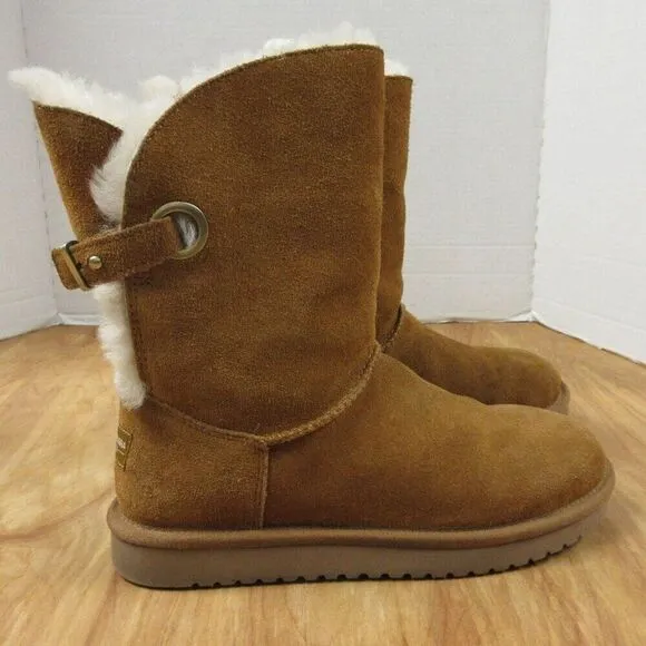 Koolaburra UGG Remley Short Chestnut Boots Sz 8 Slip On Suede Leather Fur Bootie