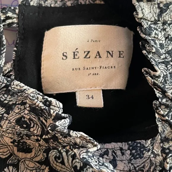 Last Chance! EUC Sezane Odile Chiffon Paisley Mini Dress Black Ecru 34, XS