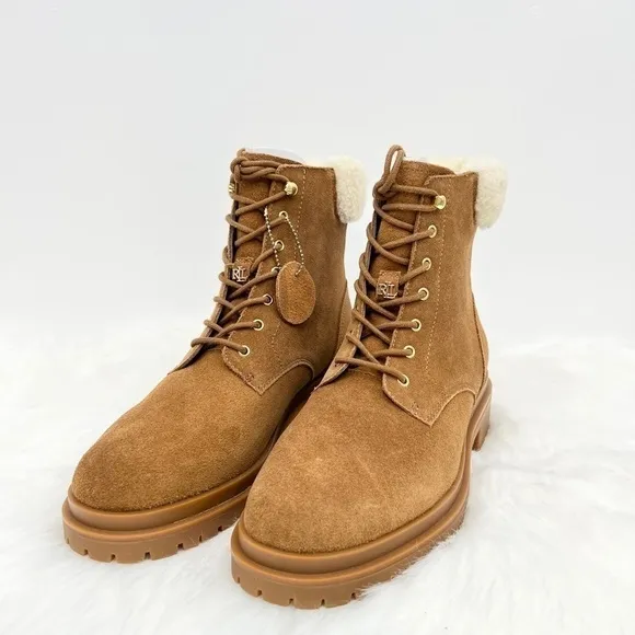 Lauren Ralph Lauren Carlee Lace-up Suede Ankle Boots in Cognac size 6.5 NWOB
