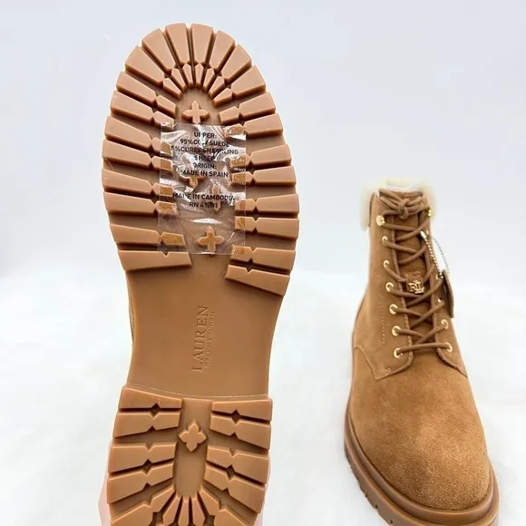 Lauren Ralph Lauren Carlee Lace-up Suede Ankle Boots in Cognac size 6.5 NWOB