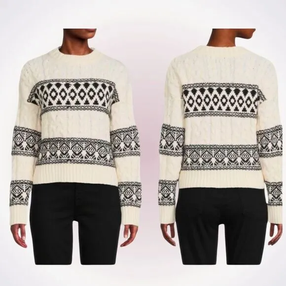 Lea and Viola black and cream winter knit print crewneck cable knit sweater | Sz