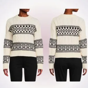 Lea and Viola black and cream winter knit print crewneck cable knit sweater | Sz