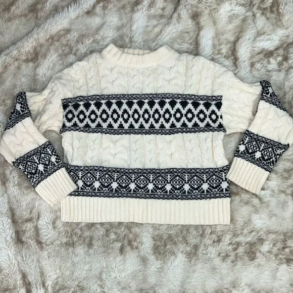 Lea and Viola black and cream winter knit print crewneck cable knit sweater | Sz
