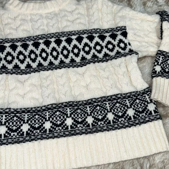 Lea and Viola black and cream winter knit print crewneck cable knit sweater | Sz