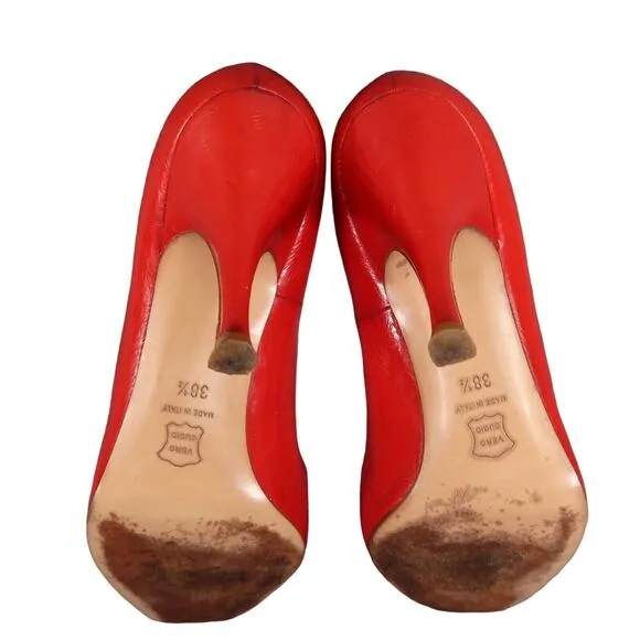 Lerre Shoes Womens 38.5 Pump Peep Toe Fashion Leather Red Stiletto Classic Retro