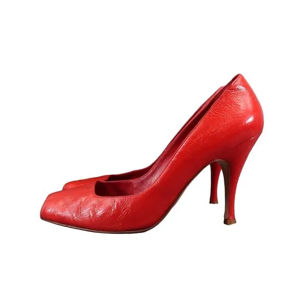 Lerre Shoes Womens 38.5 Pump Peep Toe Fashion Leather Red Stiletto Classic Retro