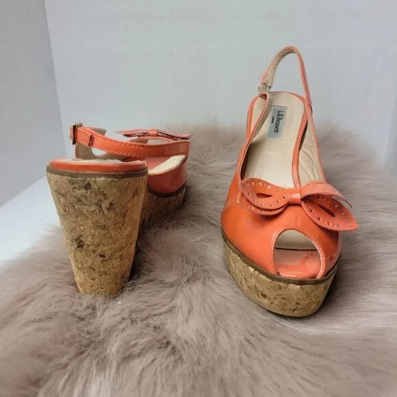 L.K. BENNETT Susie Orange Cork Patent Leather Designer Wedges Shoes Size 9.5