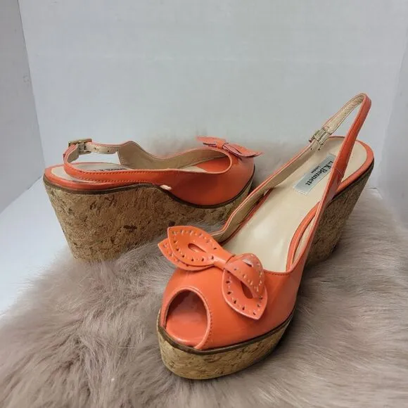 L.K. BENNETT Susie Orange Cork Patent Leather Designer Wedges Shoes Size 9.5