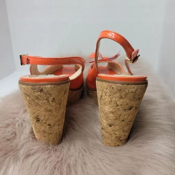 L.K. BENNETT Susie Orange Cork Patent Leather Designer Wedges Shoes Size 9.5