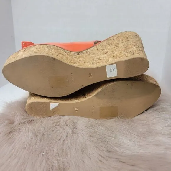 L.K. BENNETT Susie Orange Cork Patent Leather Designer Wedges Shoes Size 9.5