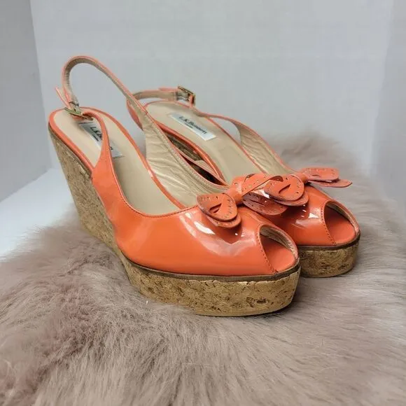 L.K. BENNETT Susie Orange Cork Patent Leather Designer Wedges Shoes Size 9.5