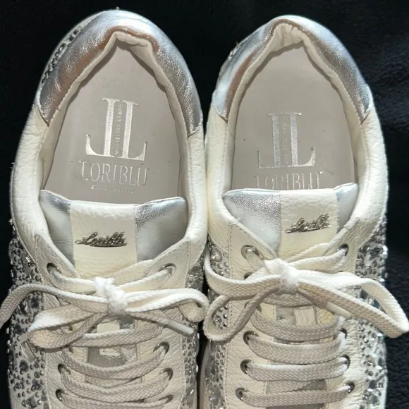 Loriblu Italian Leather Ivory Sparkle Sneakers with Crystal Embellishment 9.5