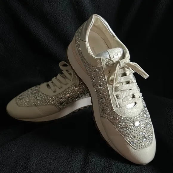 Loriblu Italian Leather Ivory Sparkle Sneakers with Crystal Embellishment 9.5