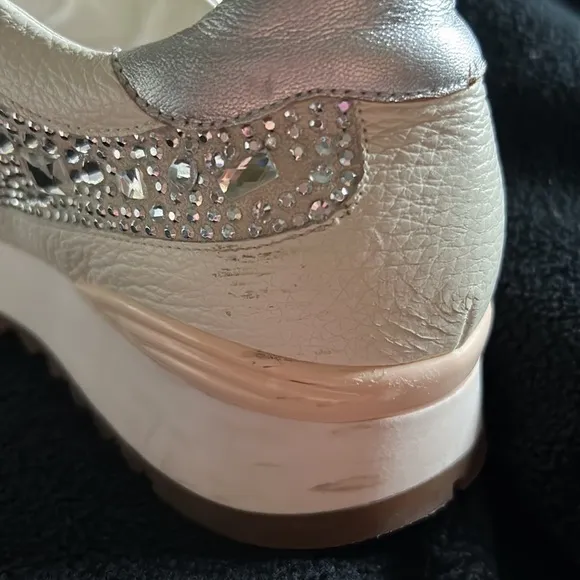 Loriblu Italian Leather Ivory Sparkle Sneakers with Crystal Embellishment 9.5