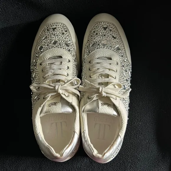 Loriblu Italian Leather Ivory Sparkle Sneakers with Crystal Embellishment 9.5