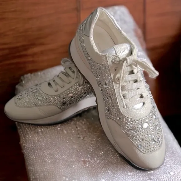 Loriblu Italian Leather Ivory Sparkle Sneakers with Crystal Embellishment 9.5