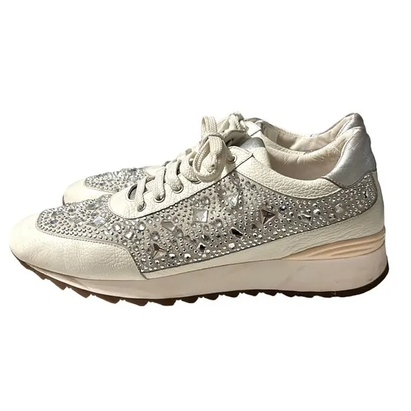 Loriblu Italian Leather Ivory Sparkle Sneakers with Crystal Embellishment 9.5